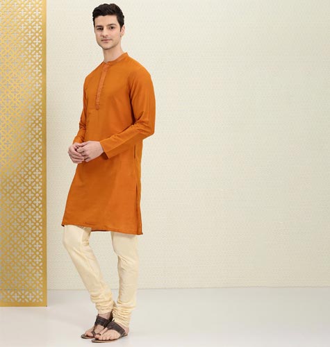 Men Rust Orange Solid Mandarin-Collar Rozana Kurta